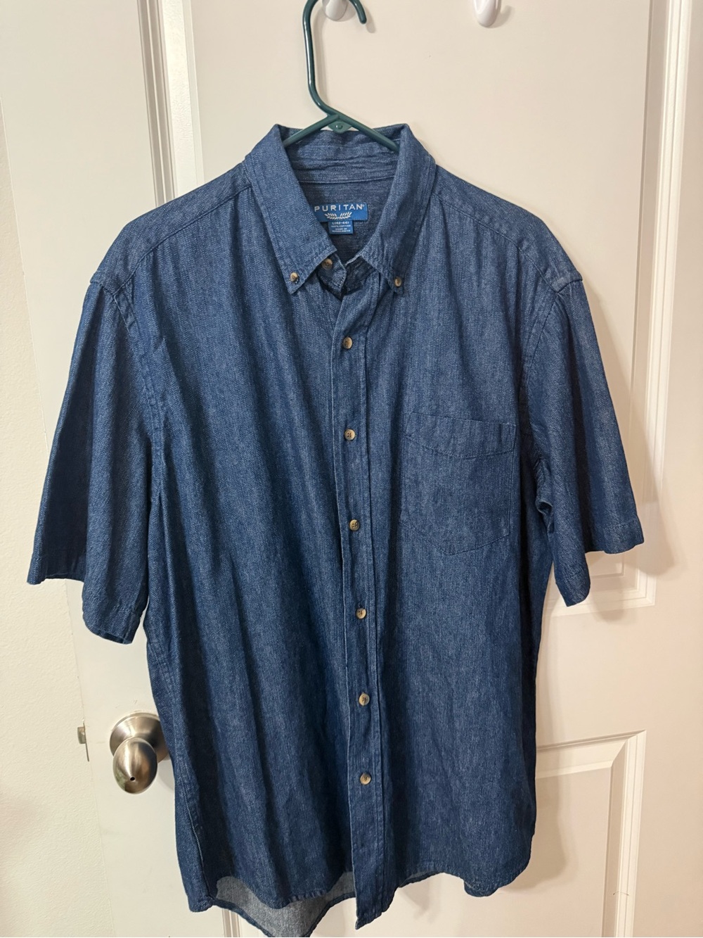 Puritan Men's Short Sleeve Button-Down Denim Shirt - Dark Blue